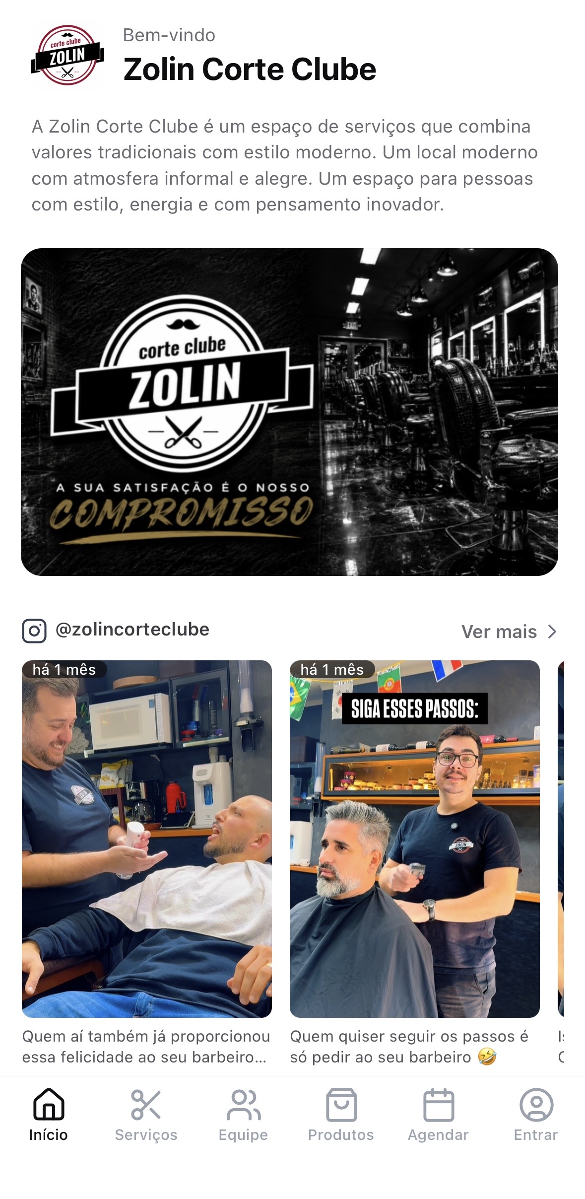 Demo do app do cliente, mostrando a tela inicial, e as abas de serviços, produtos e equipe.