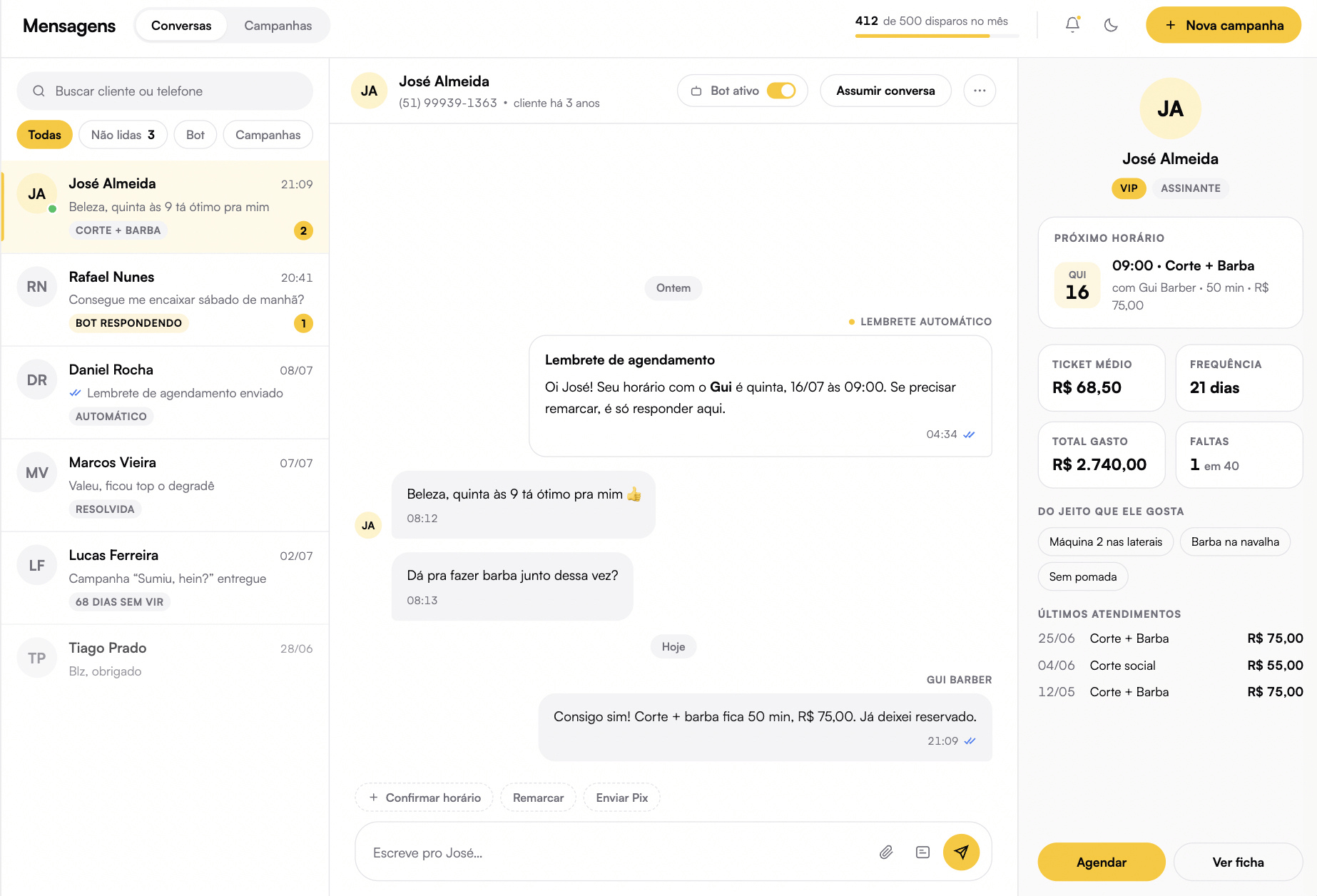 Caixa de entrada do WhatsApp, com a thread e o cliente juntos.